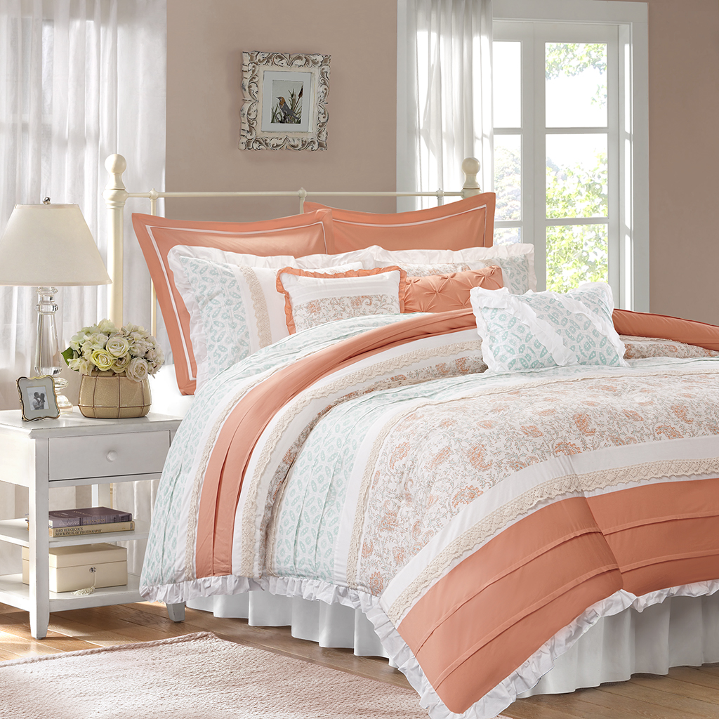 

Madison Park - Dawn 9 Piece Cotton Percale Duvet Cover Set - Coral - Queen
