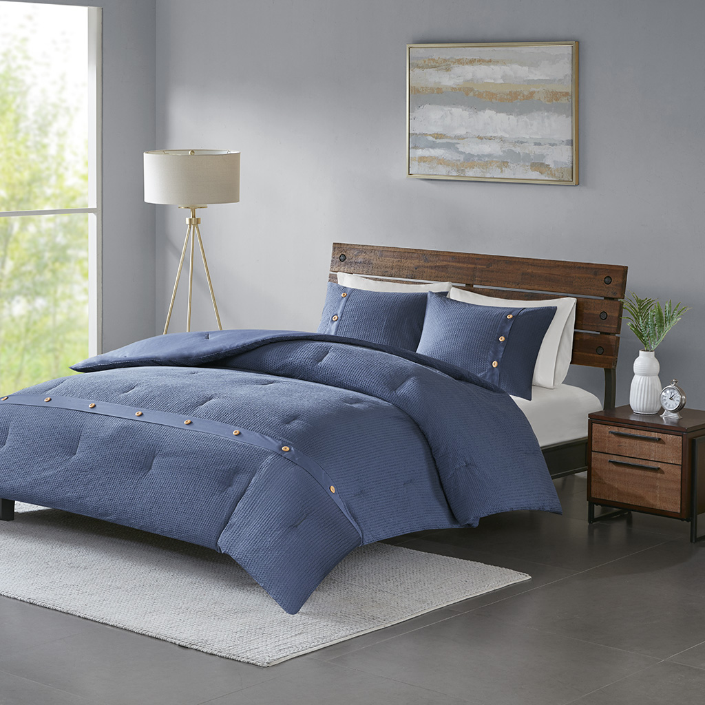 

Madison Park - Finley 3 Piece Cotton Waffle Weave Comforter Set - Navy - Full/Queen