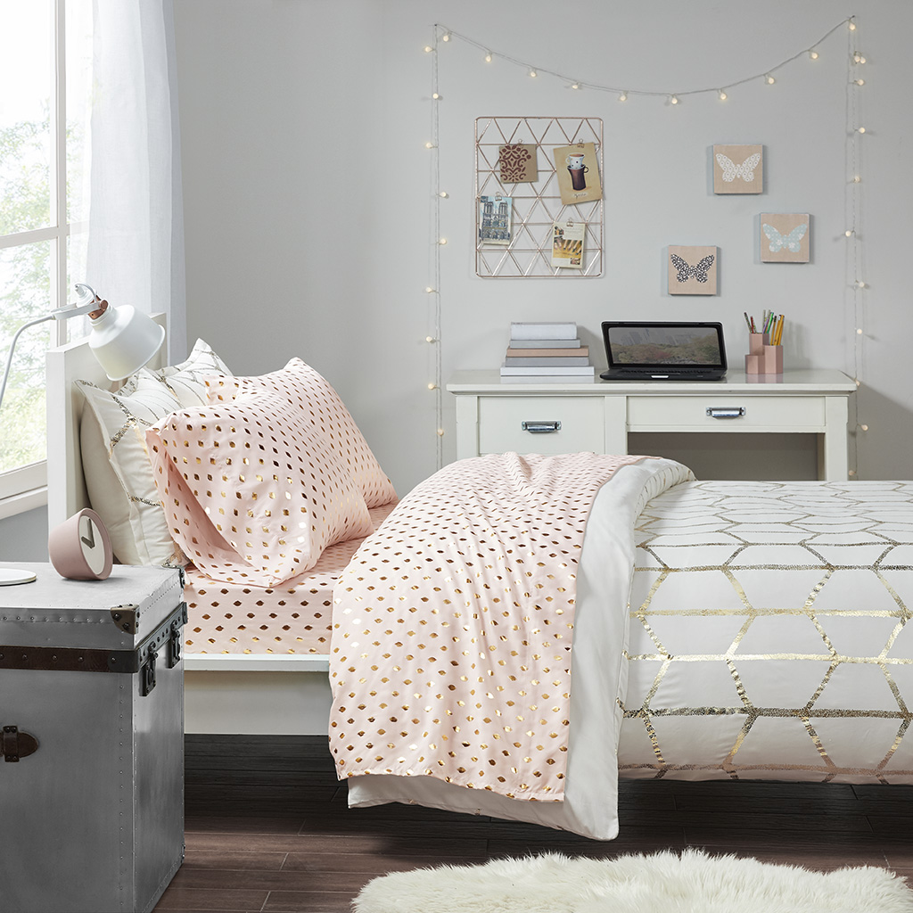 

Intelligent Design - Metallic Dot Printed Sheet Set - Blush/Gold - Twin