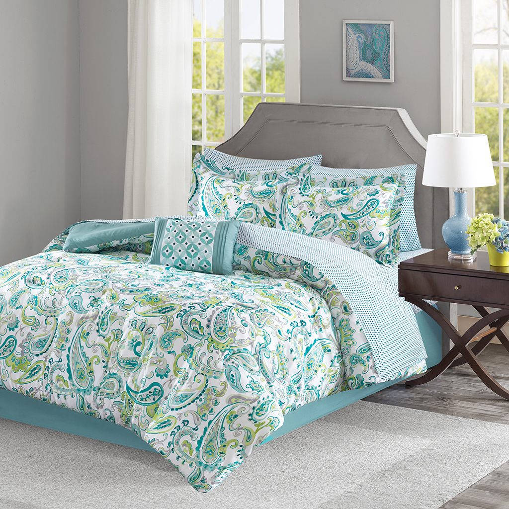 

Madison Park Essentials - Lila Complete Comforter and Cotton Sheet Set - Aqua - Cal King