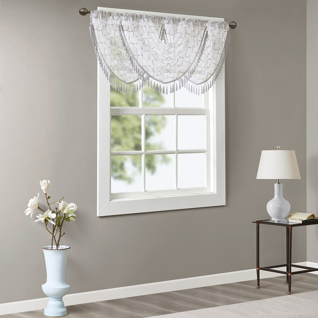 

Madison Park - Irina Diamond Sheer Embroidered Waterfall Valance - White/Grey - 38x46