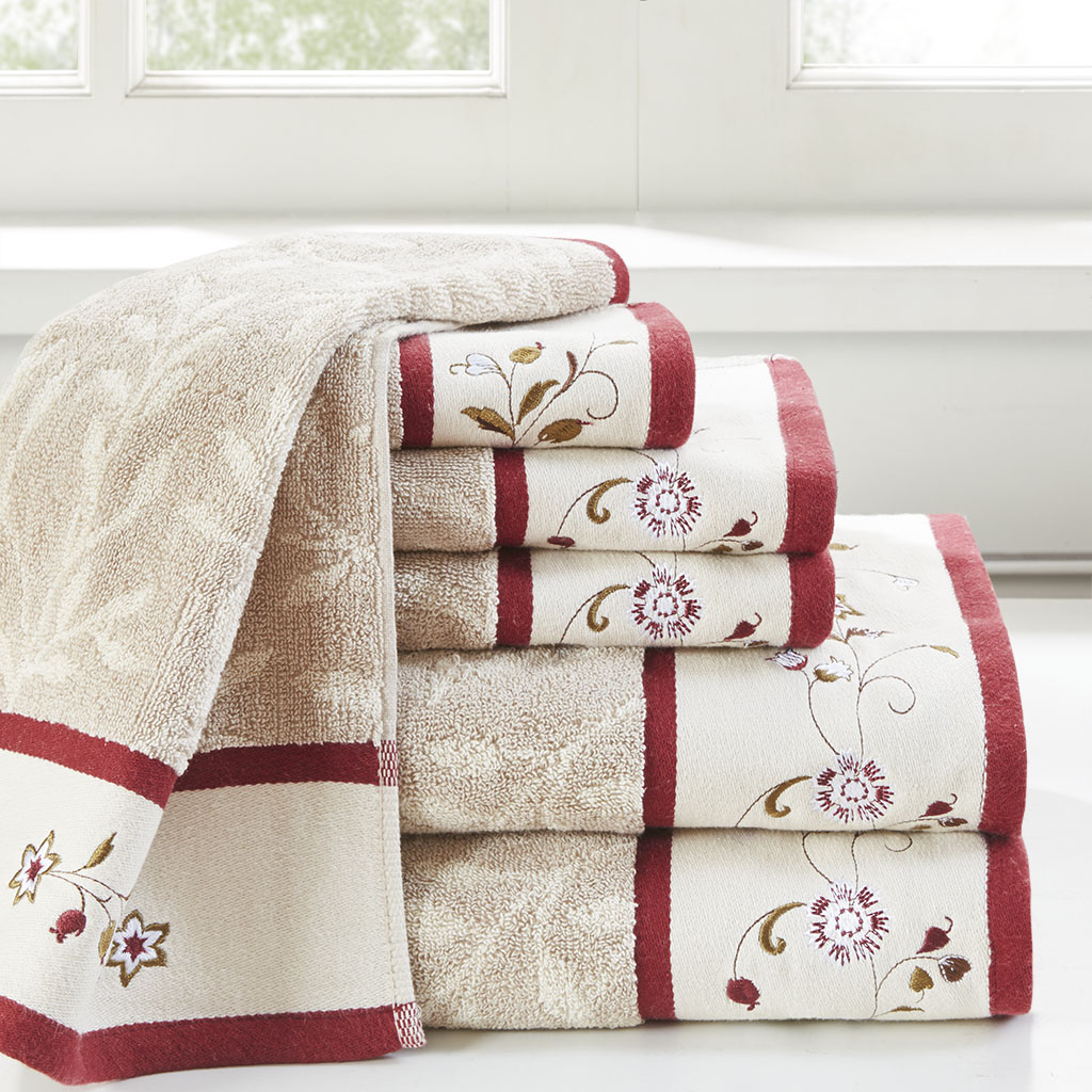 

Madison Park - Serene Embroidered Cotton Jacquard 6 Piece Towel Set - Red - See below