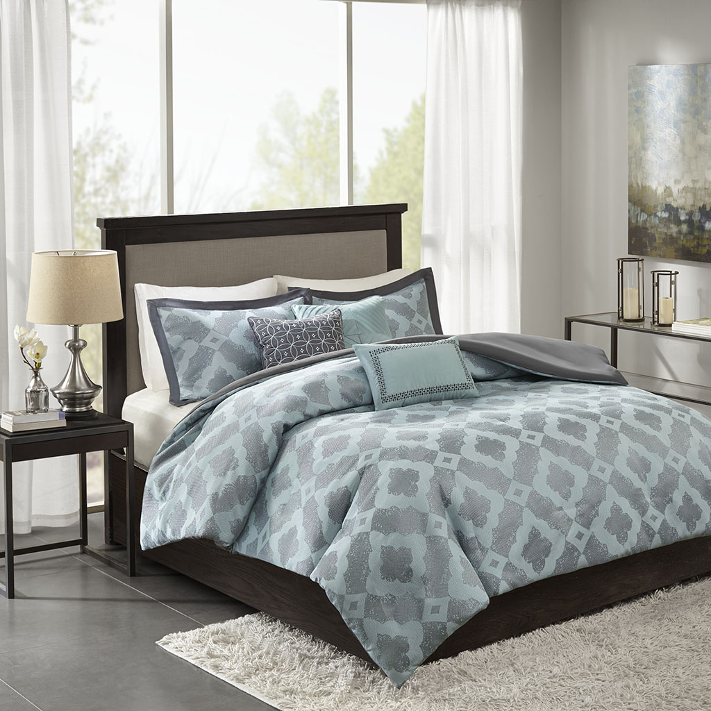 

Madison Park - Beckett 6 Piece Jacquard Duvet Cover Set - Aqua - Full/Queen