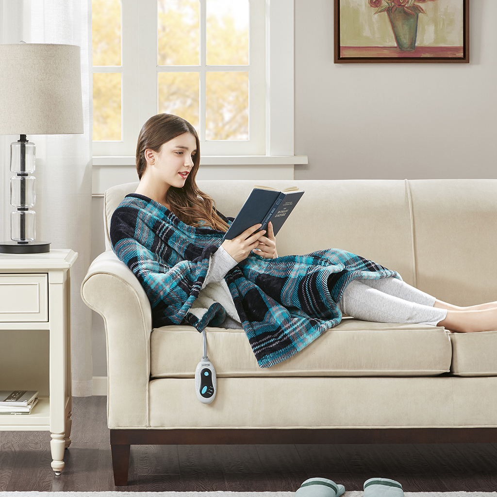 

Beautyrest - Shawn Heated Sherpa Plaid Throw Wrap 50"x64" - Aqua Plaid - 50x64