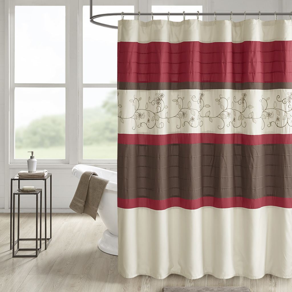 

510 Design - Myrtle Embroidered and Pintucked Shower Curtain with Liner - Red - 72x72