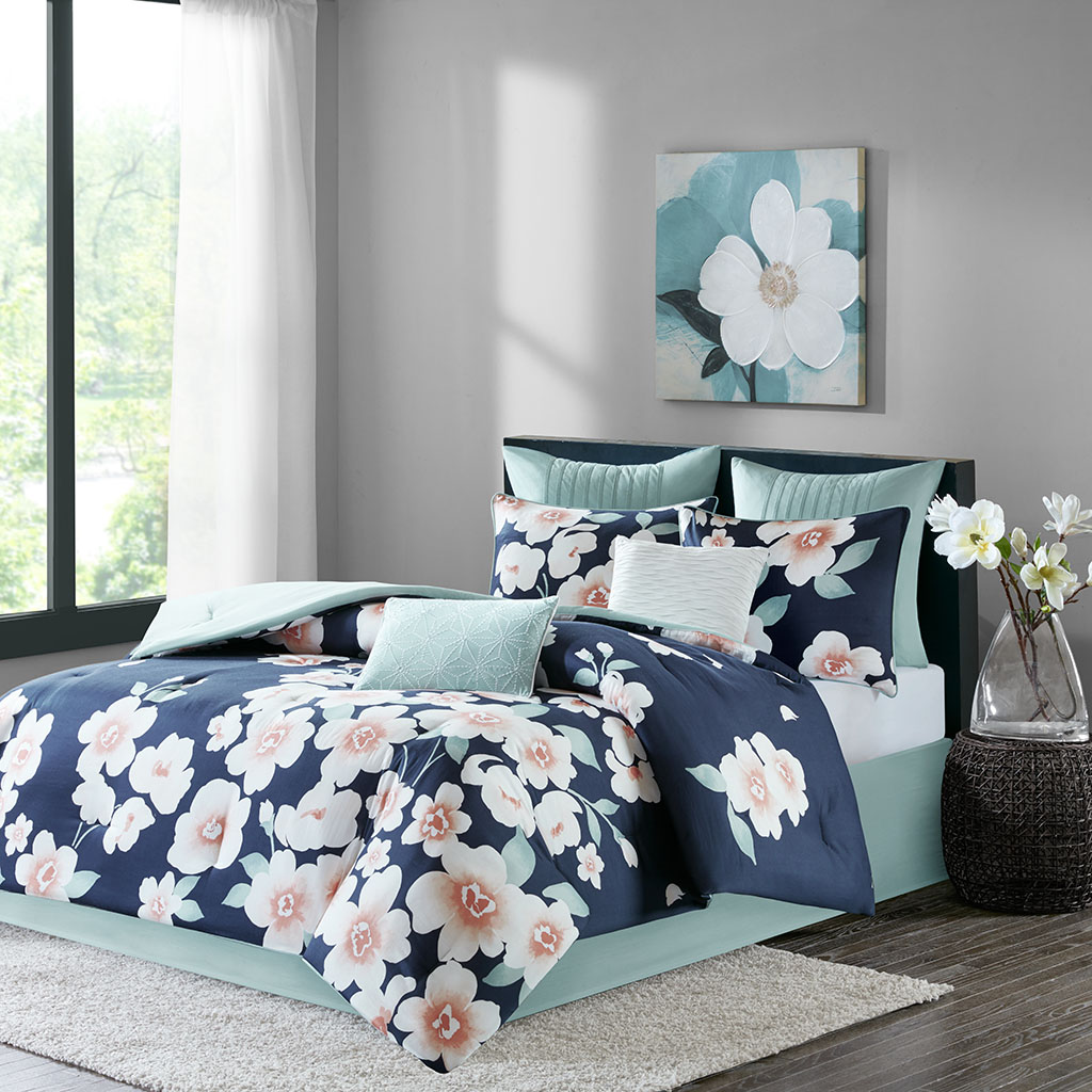 

Madison Park - Sakura 8 Piece Cotton Comforter Set - Navy - Queen