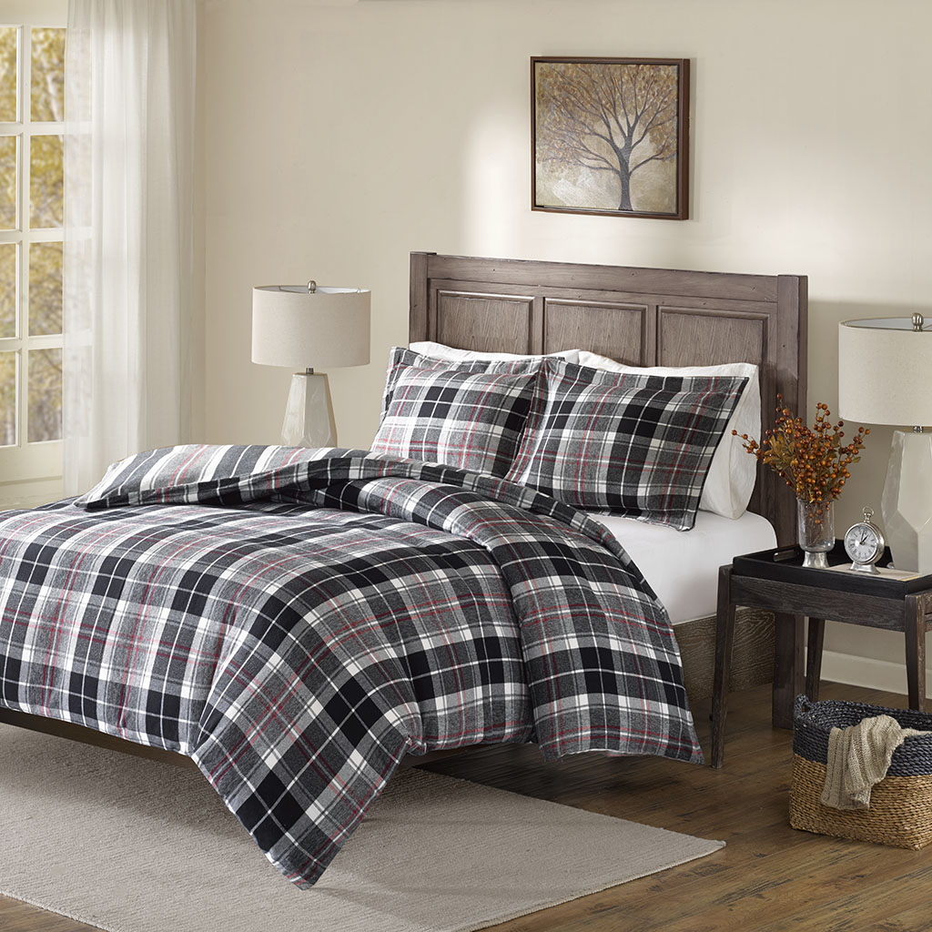 

Madison Park - Caden Cotton Yarn Dyed Flannel Reversible Duvet Cover Set - Black/Red - King