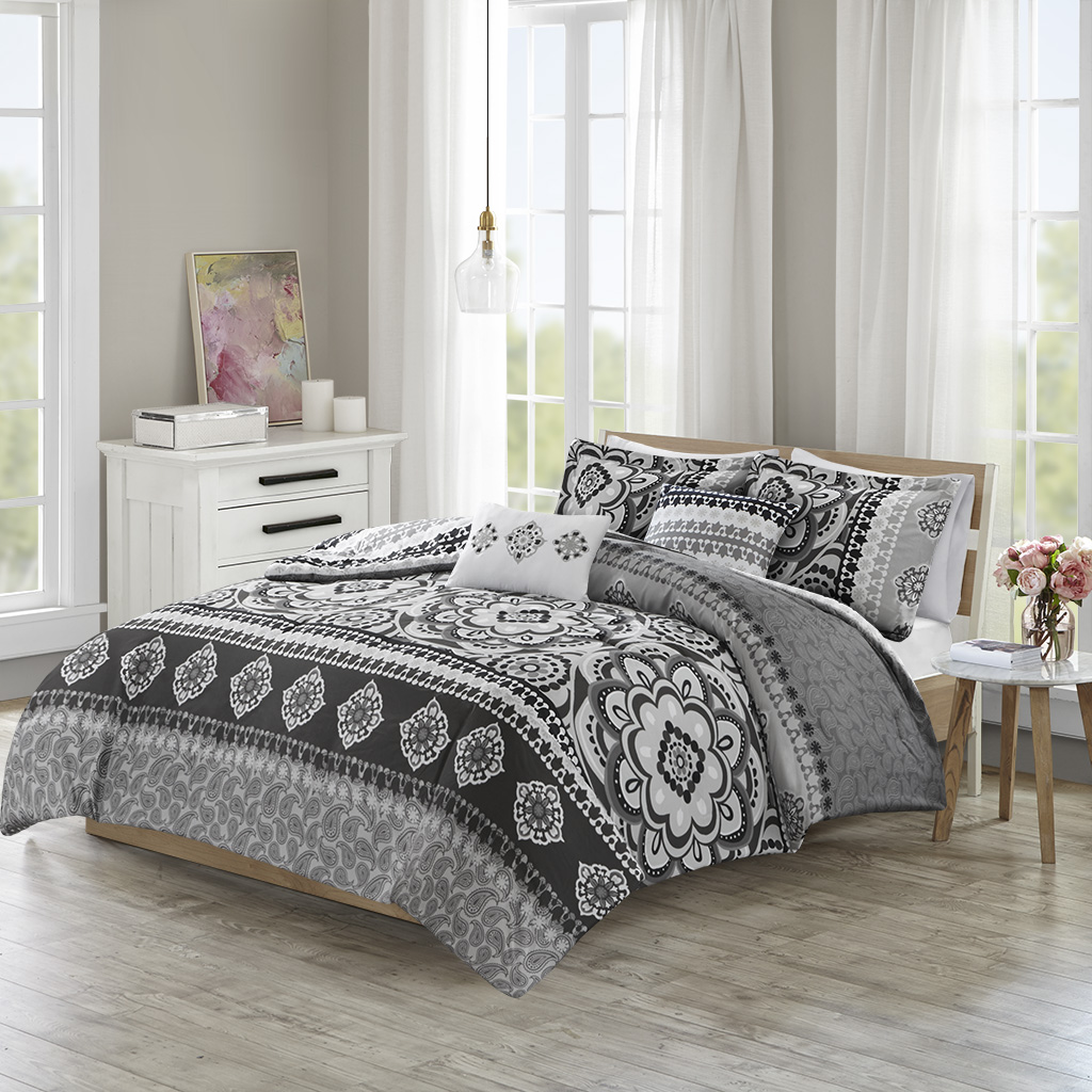 

510 Design - Neda 5 Piece Reversible Print Comforter Set - Charcoal - Full/Queen