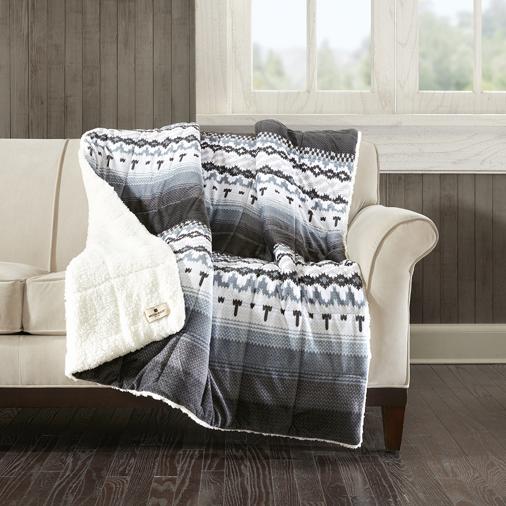 

Woolrich - Print Velvet to Berber Down Alternative Throw - Grey - 50x60