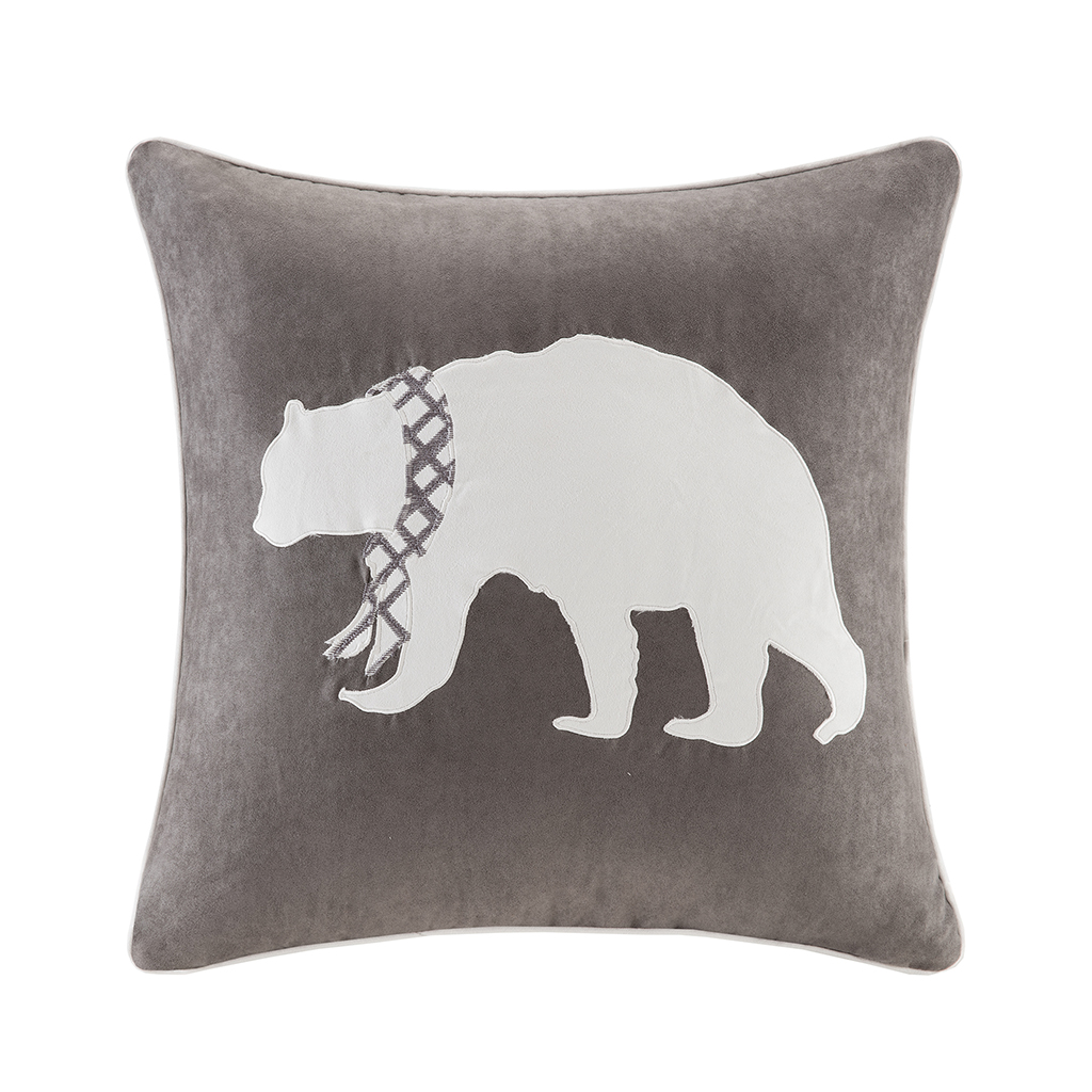 

Madison Park - Bear Embroidered Suede Square Pillow Square Pillow - Grey - 20x20