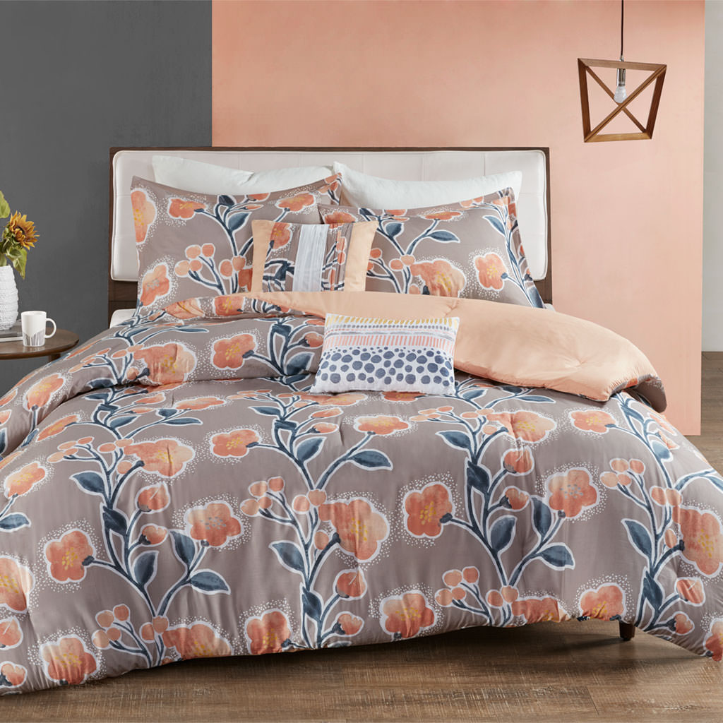

Urban Habitat - Natalie 5 Piece Cotton Comforter Set - Grey/Peach - Full/Queen