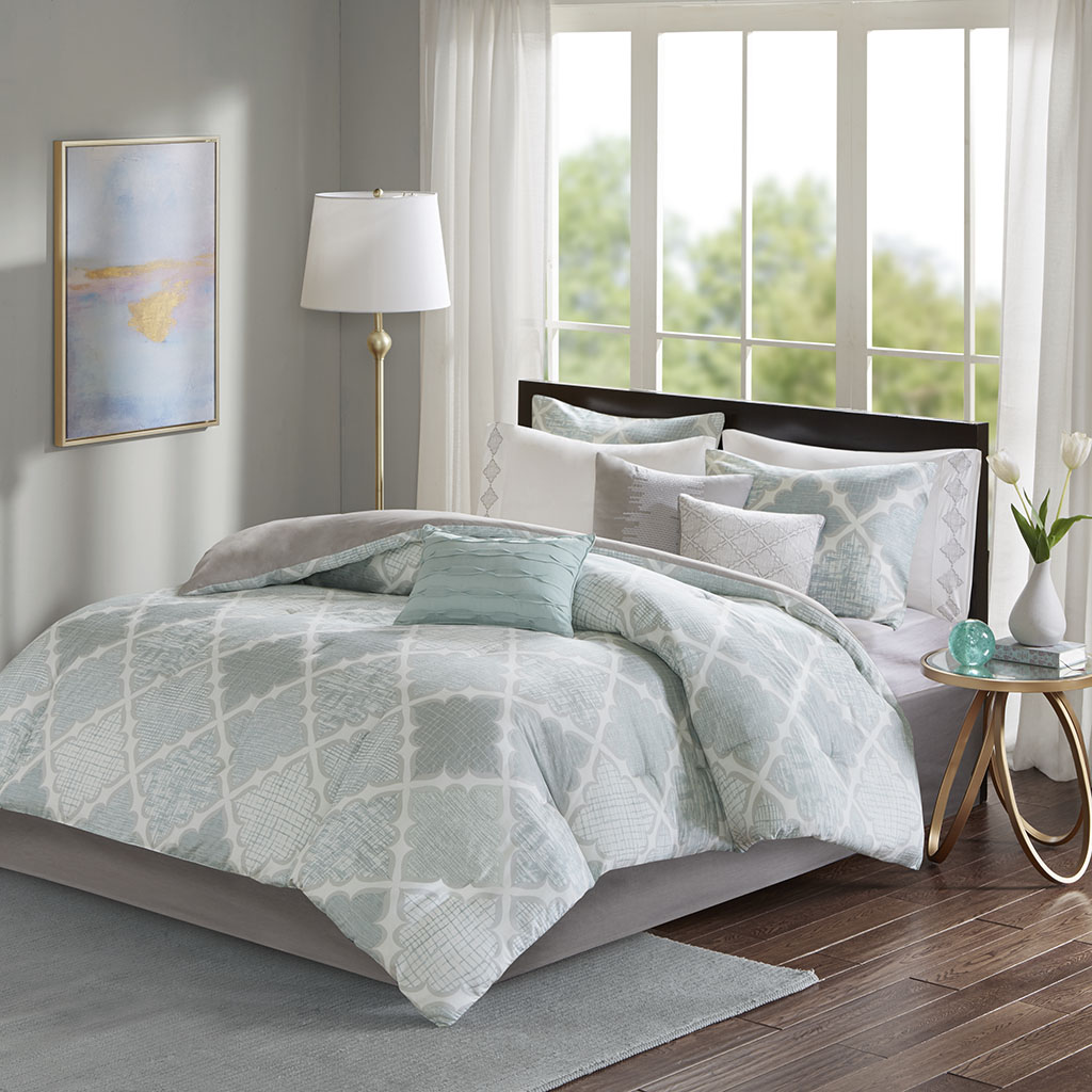 

Madison Park - Cadence 9 Piece Cotton Sateen Comforter Set - Aqua - Queen