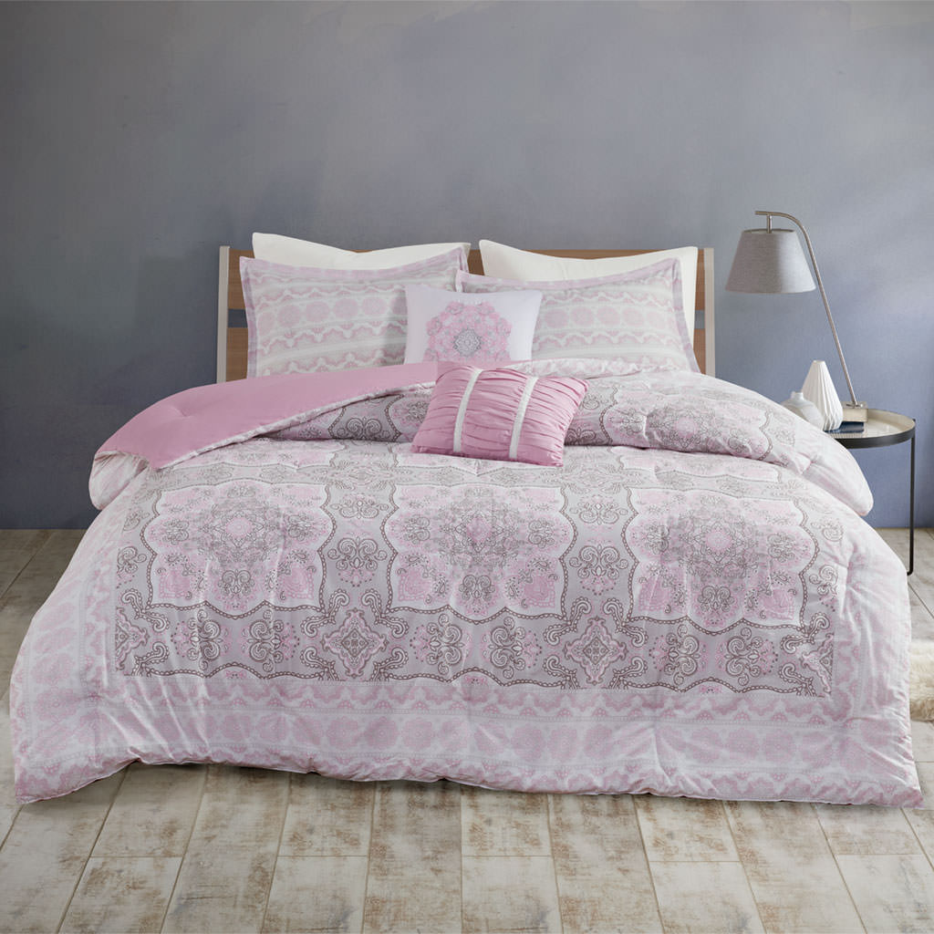 

Urban Habitat - Jovie 5 Piece Cotton Comforter Set - Grey/Pink - Full/Queen