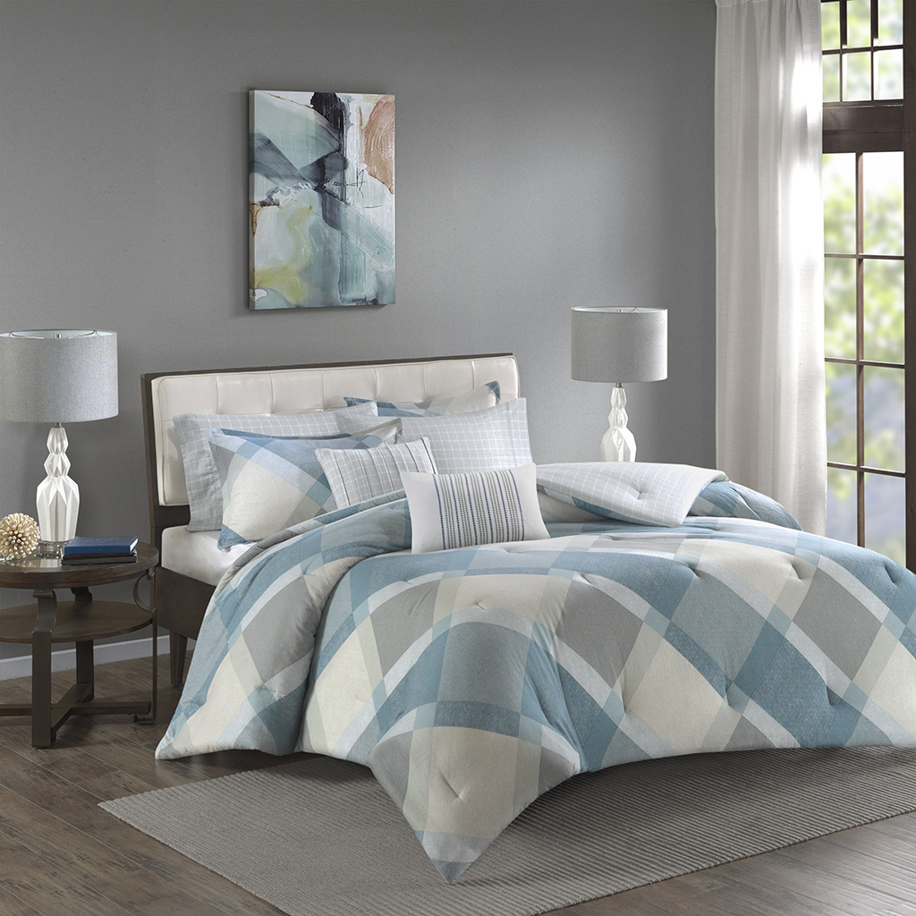 

Madison Park - Drew Cotton Flannel Comforter Set - Blue - King/Cal King