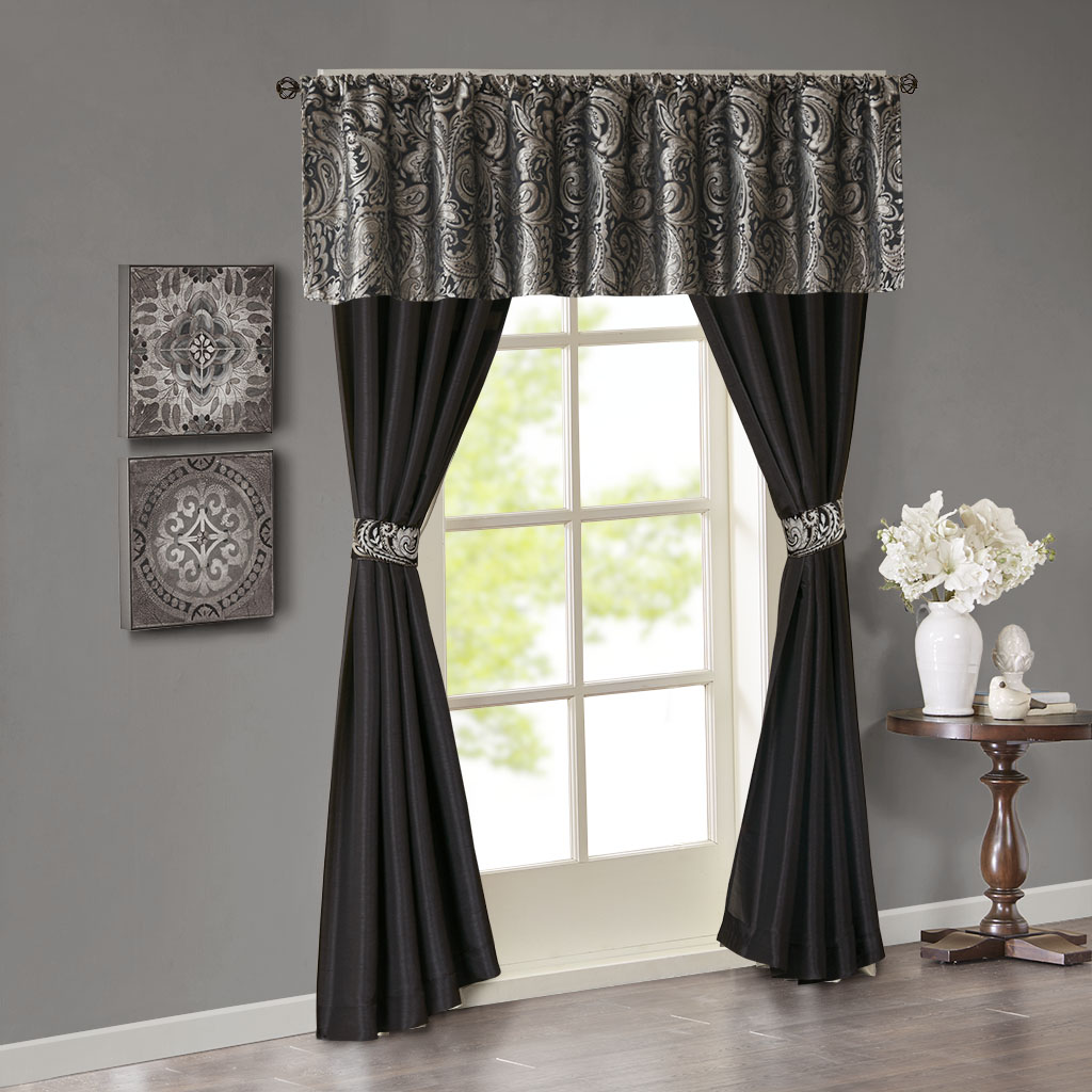

Madison Park - Aubrey Jacquard and Solid Faux Silk 5 Piece Window Set - Black - See below