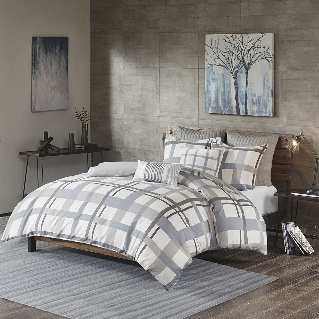 

INK+IVY - Sterling Plaid 3 Piece Cotton Sateen Duvet Cover Mini Set - Blue/Grey - Full/Queen