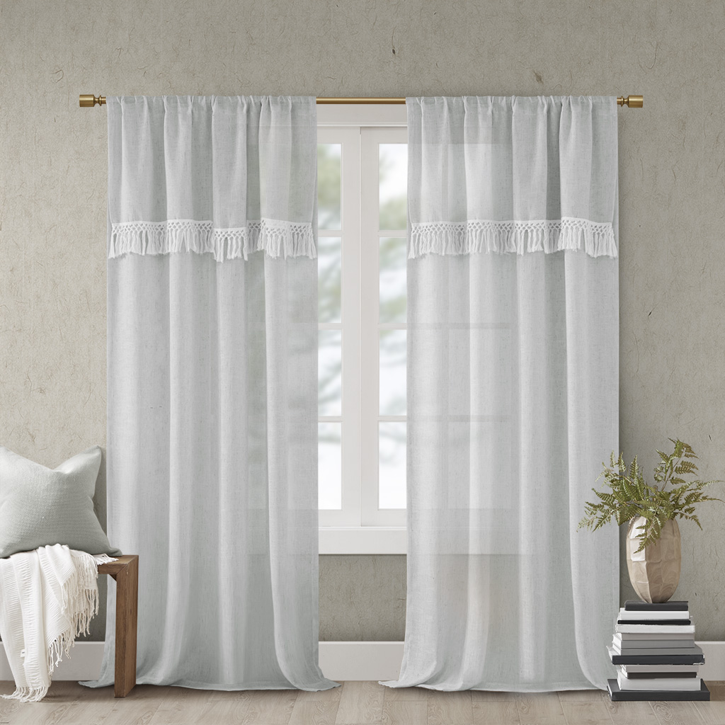 

Madison Park - Brynn Faux Linen Rod Pocket Window Curtain With Attached Tassel Trim Valance - Grey - 50x63