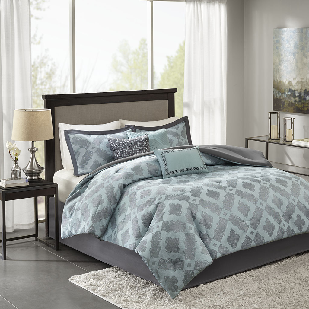 

Madison Park - Beckett 7 Piece Jacquard Comforter Set - Aqua - Queen
