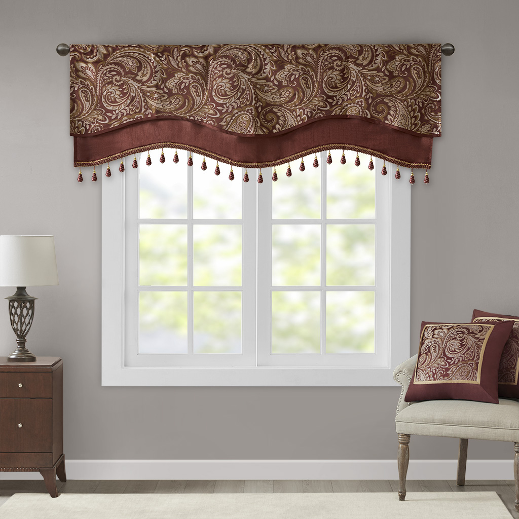

Madison Park - Aubrey Jacquard Window Rod Pocket Valance With Beads - Burgundy - 50x18