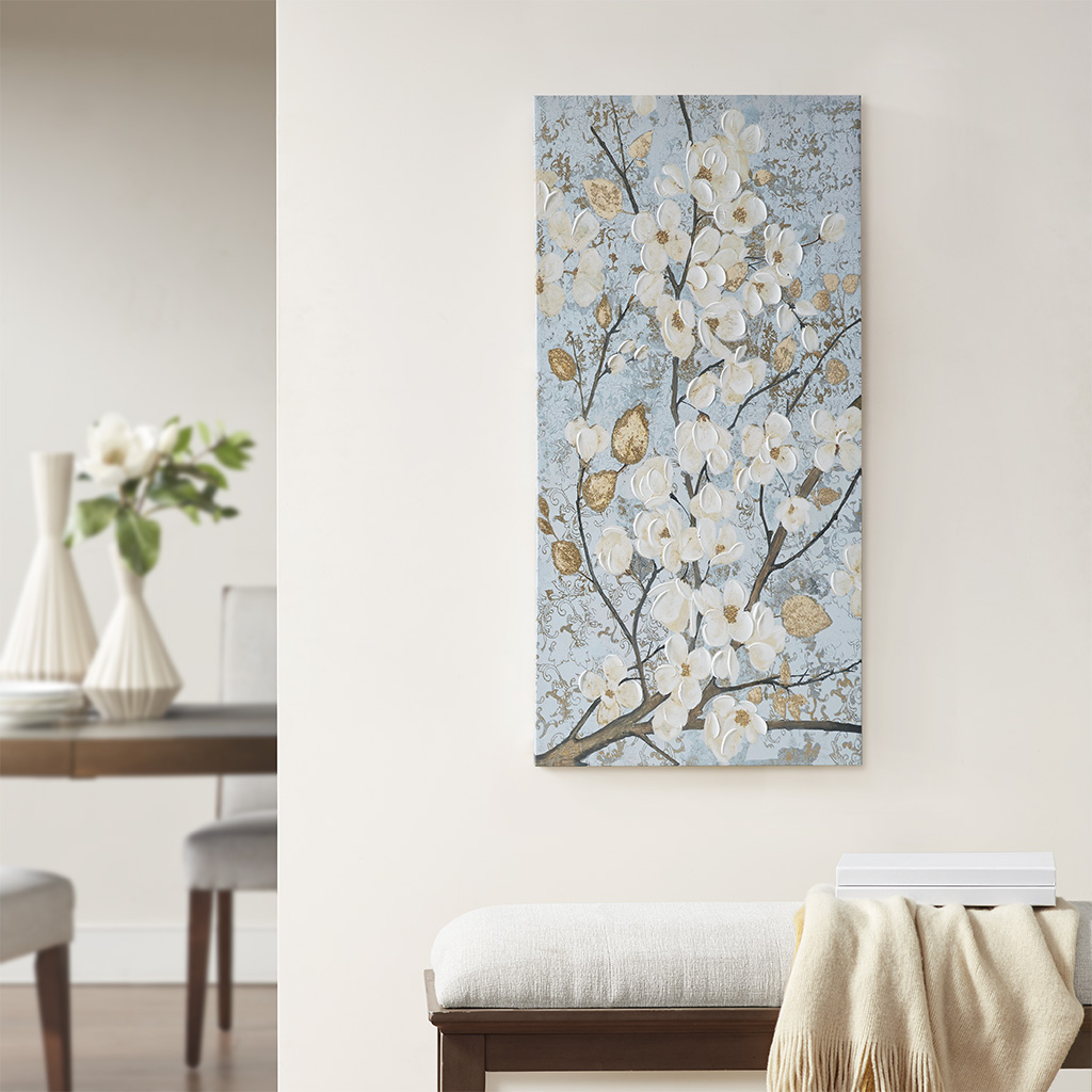 

Madison Park - Luminous Bloom Gold Foil Floral Hand Embellished Canvas Art - Blue - See below