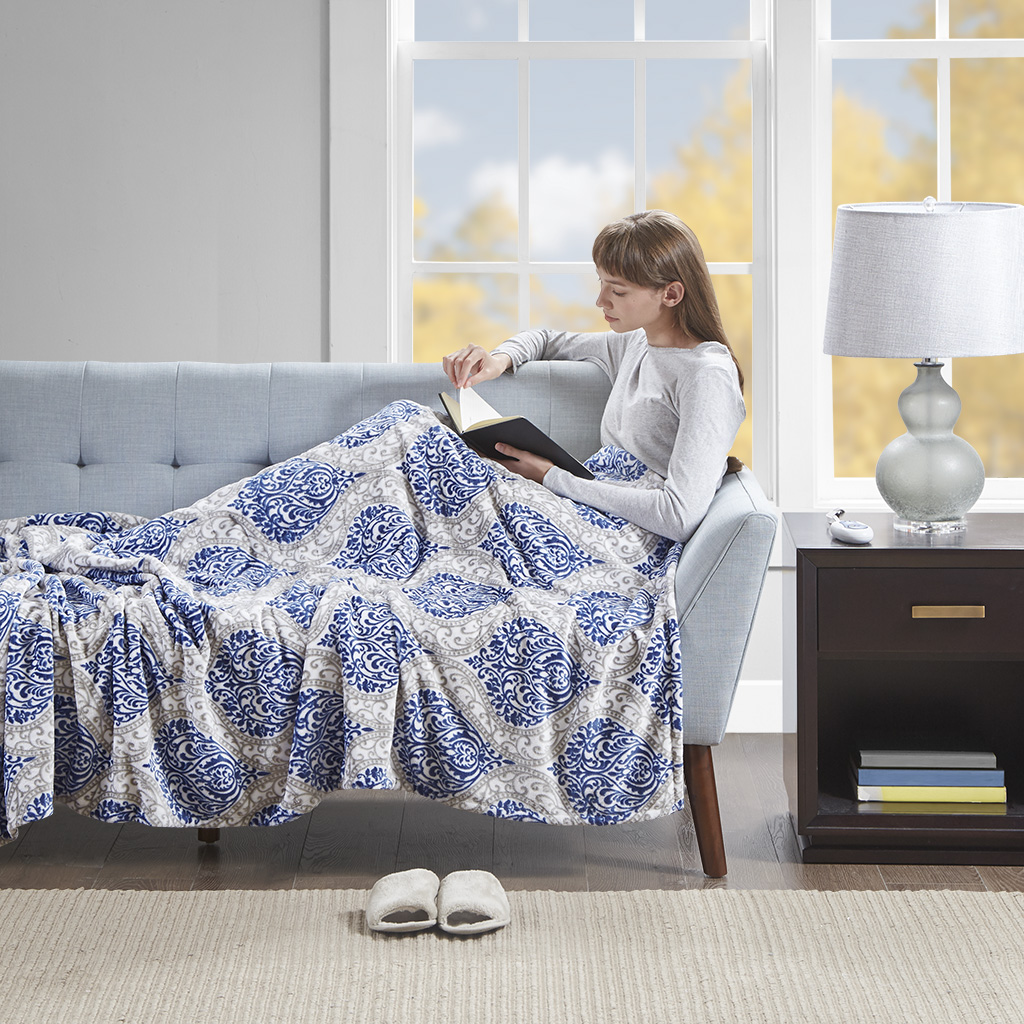 

Beautyrest - Senna Heated Print Plush Throw - Indigo - 60x70