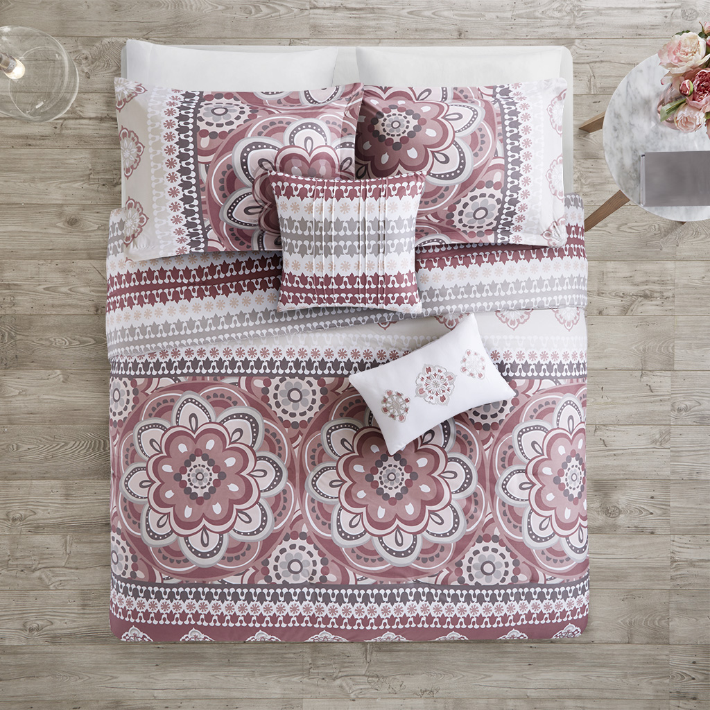 

510 Design - Neda 5 Piece Reversible Print Duvet Set - Rose - King/Cal King