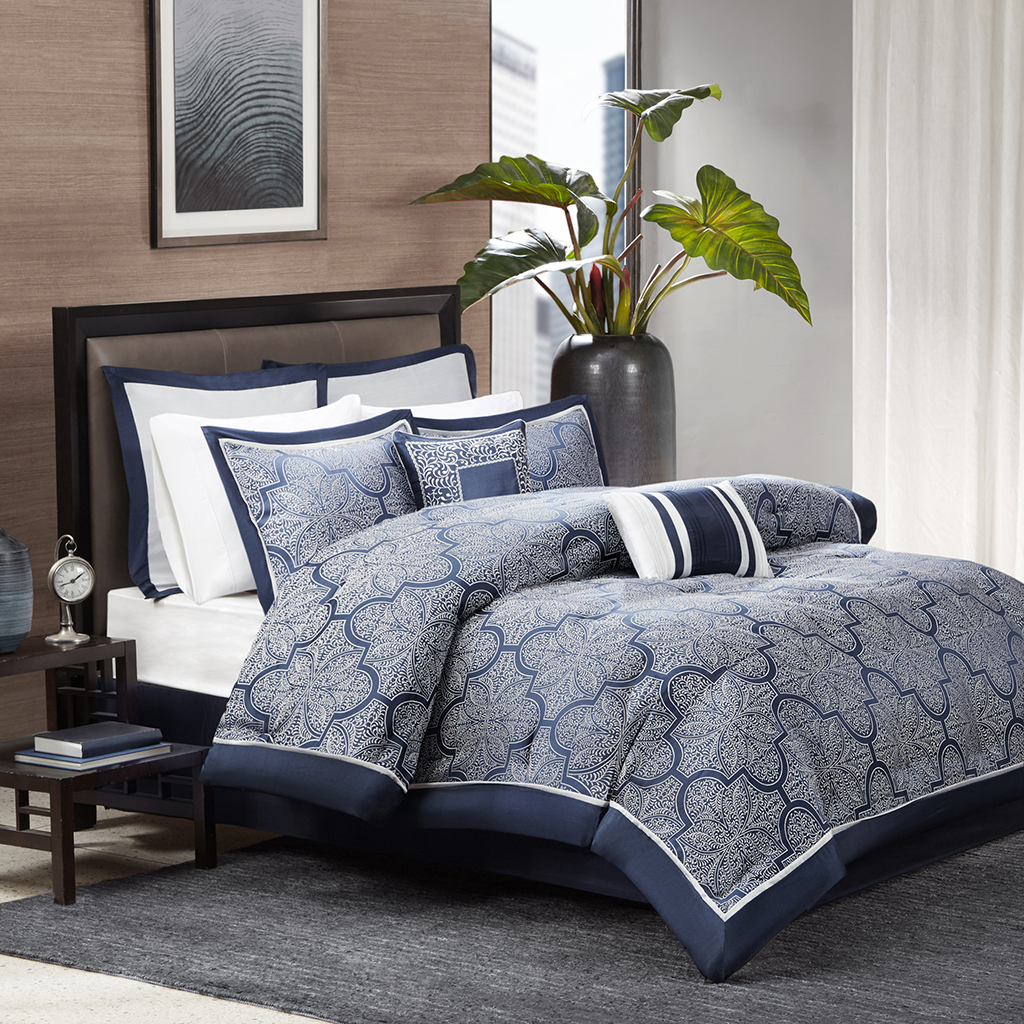 

Madison Park - Medina 8 Piece Jacquard Comforter Set - Navy - Queen