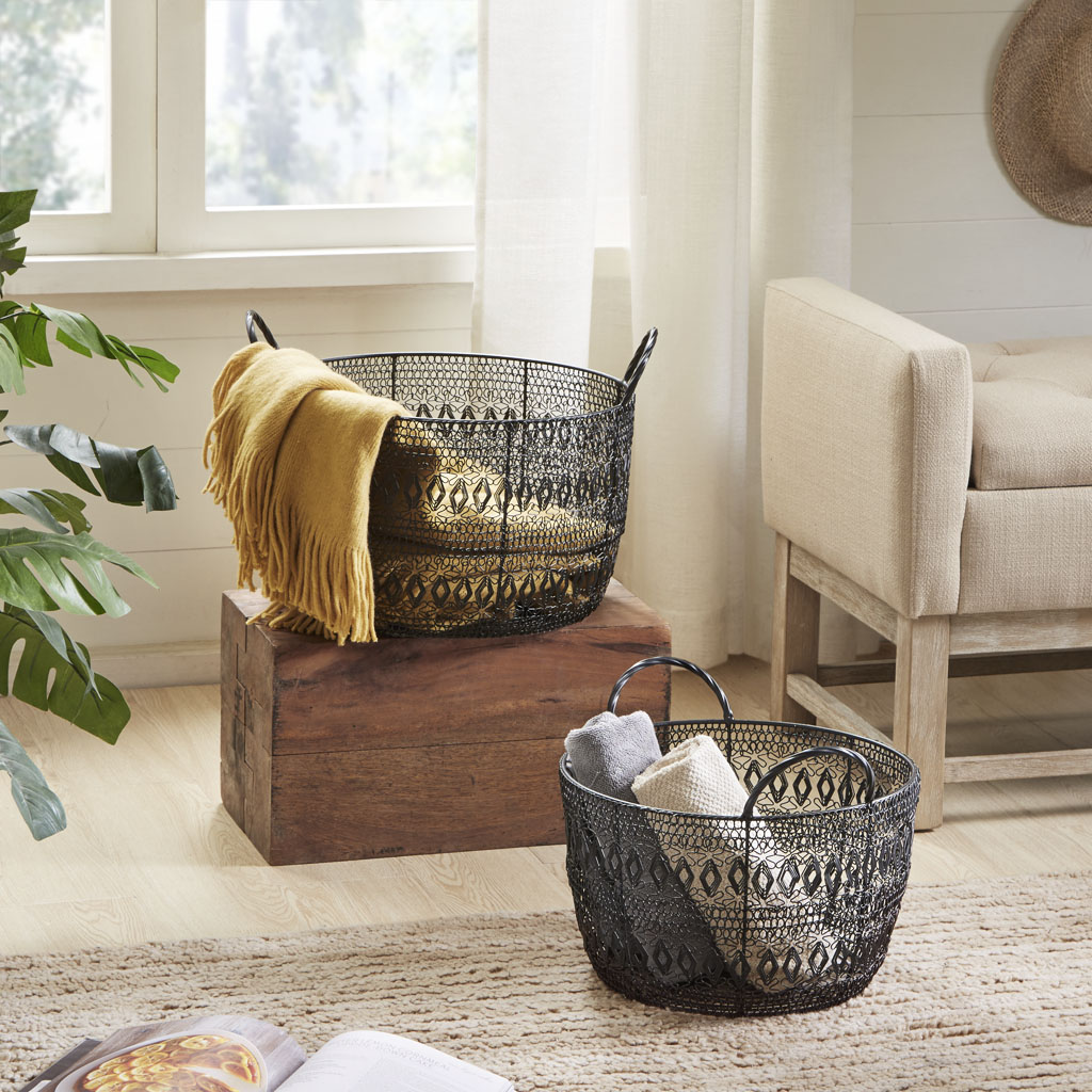 

Madison Park - Floret Woven Metal Basket Set of 2 - Black - See below