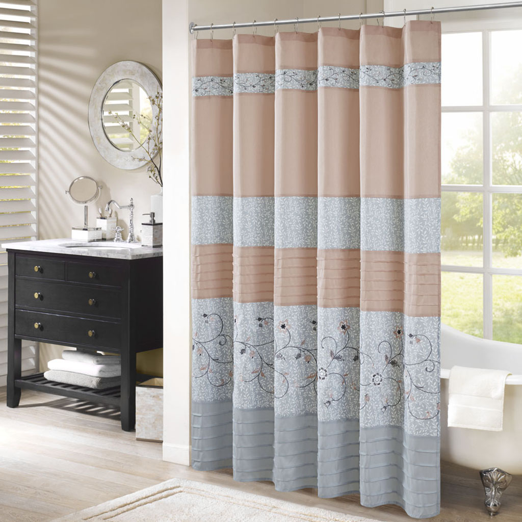 

Madison Park - Serene Faux Silk Embroidered Floral Shower Curtain - Blush - 72x72