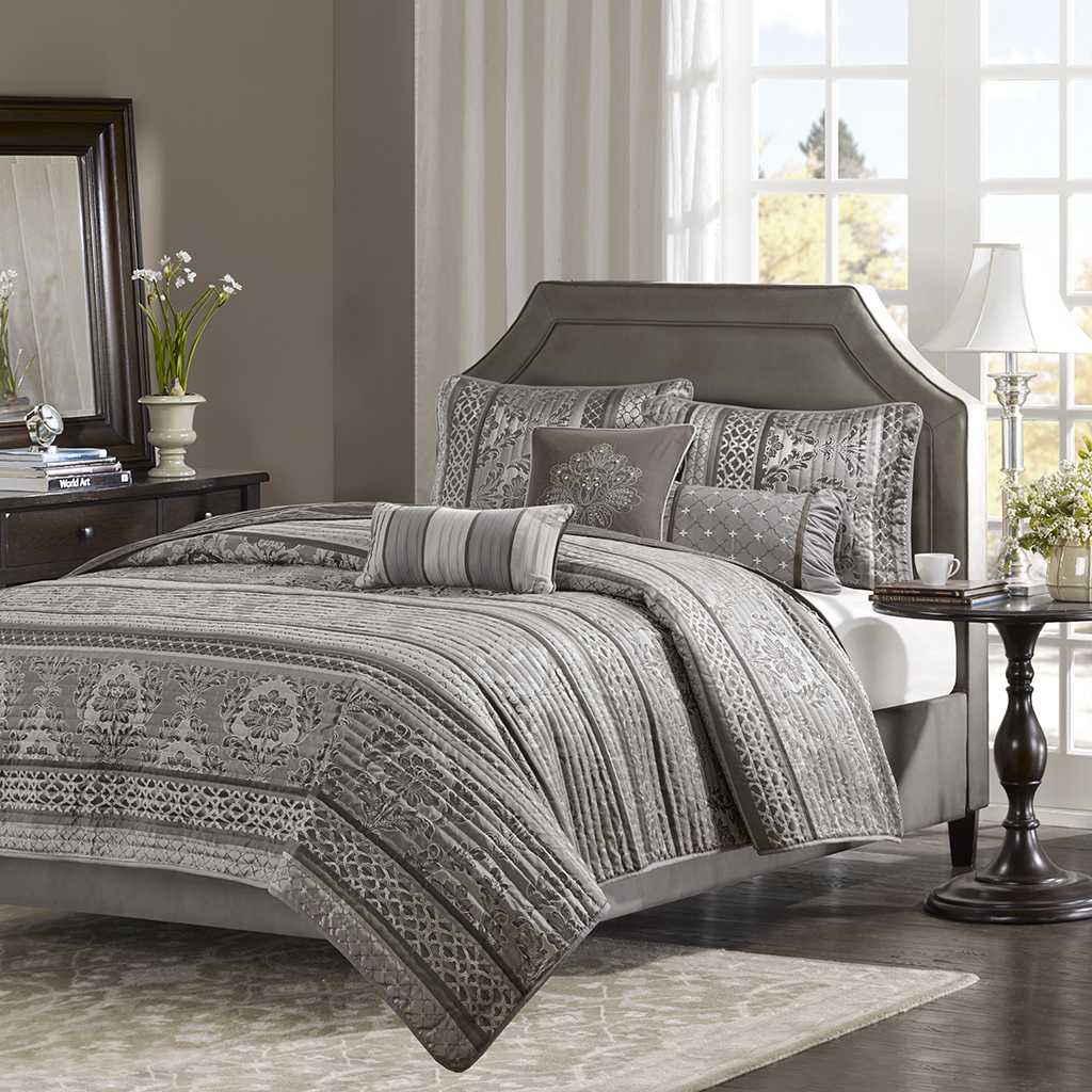 

Madison Park - Bellagio 6 Piece Reversible Coverlet Set - Grey - Full/Queen