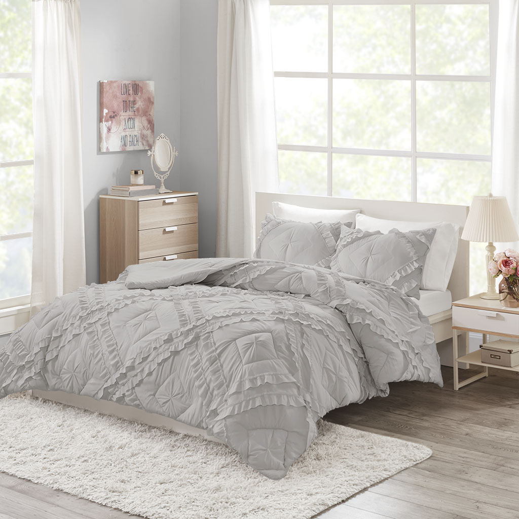 

Intelligent Design - Kacie Solid Coverlet Set With Tufted Diamond Ruffles - Grey - Full/Queen