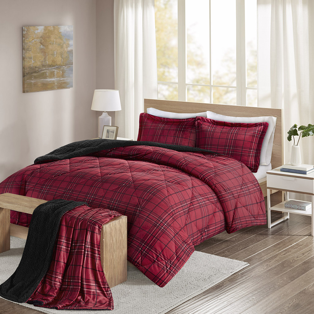 

Comfort Spaces - Aaron Plaid Print Sherpa Comforter Set with Throw - Navy - 104x90