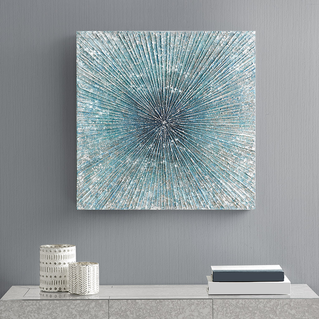 

Madison Park - Bursting Blue Star Heavy Textured Glitter Embellished Abstract Square Canvas - Blue - See below