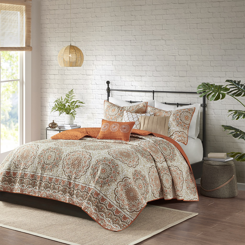 

Madison Park - Tangiers 6 Piece Reversible Coverlet Set - Orange - King/Cal King