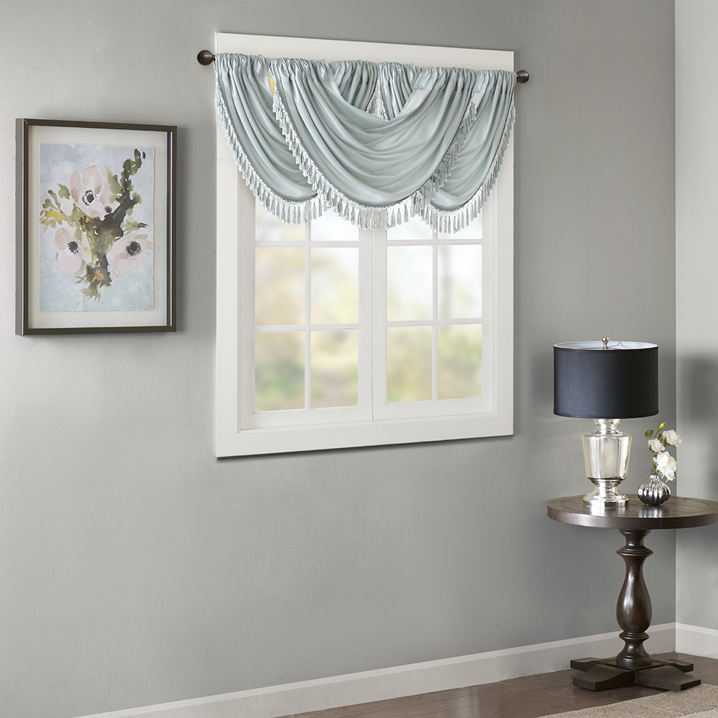 

Madison Park - Elena Faux Silk Waterfall Embellished Valance - Dusty Aqua - 38x46