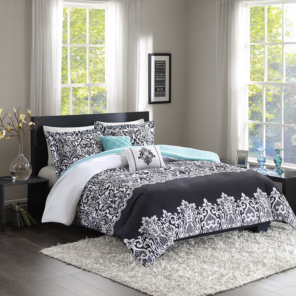

Intelligent Design - Leona Duvet Set - Black/Aqua - Full/Queen