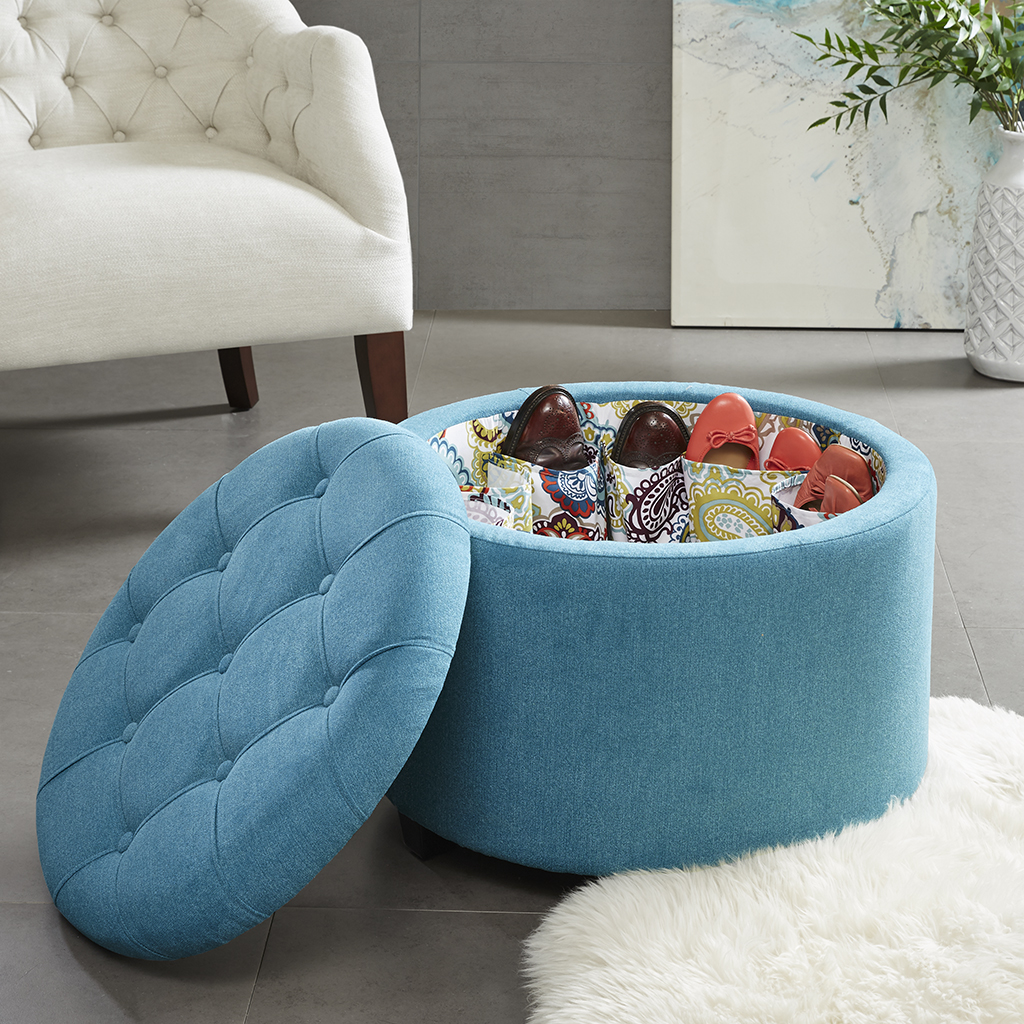 

Madison Park - Sasha Round Ottoman with Shoe Holder Insert - Teal - See below