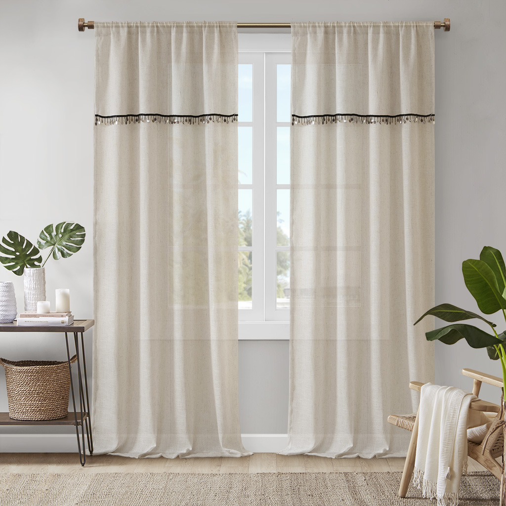 

Madison Park - Dalis Faux Linen Rod Pocket Window Curtain With Attached Shell Trim Valance - Natural - 50x63