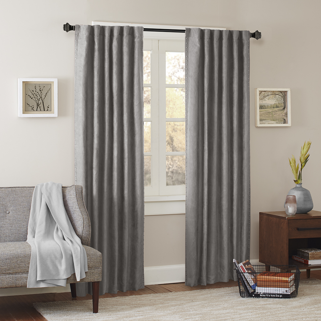 

Madison Park - Alban Stud Trim Microsuede Window Curtain - Grey - 84" Panel