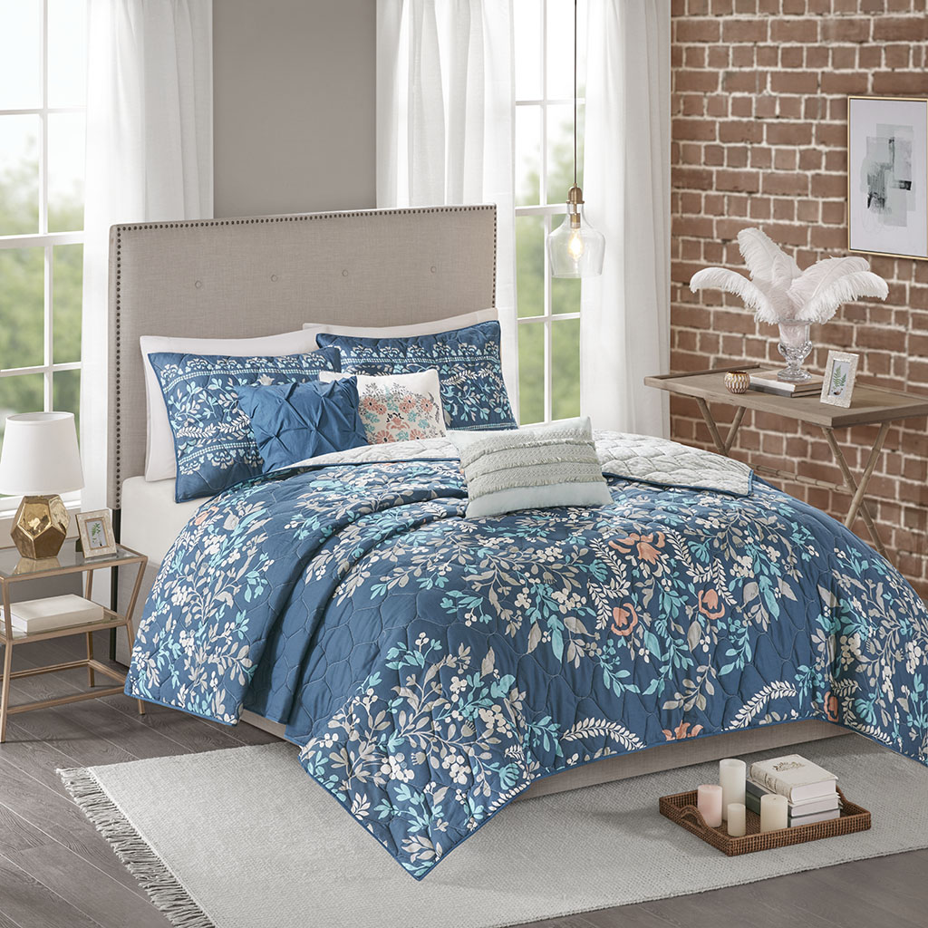 

Madison Park - Eden 6 Piece Cotton Printed Reversible Coverlet Set - Navy - Full/Queen