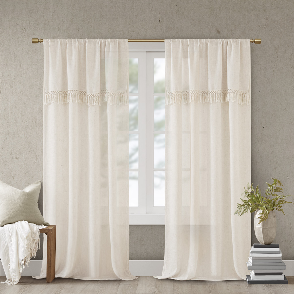 

Madison Park - Brynn Faux Linen Rod Pocket Window Curtain With Attached Tassel Trim Valance - Natural - 50x84