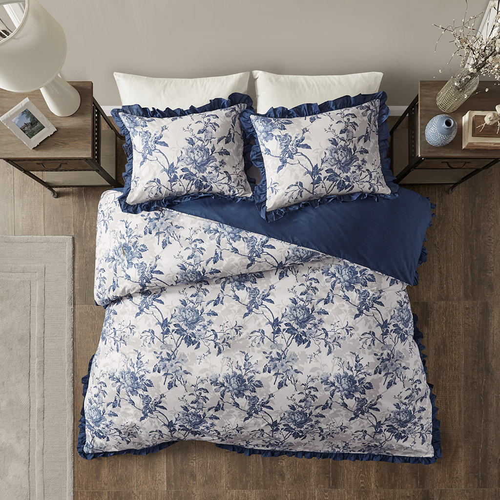 

Madison Park - Abigail 3 Piece Cotton Printed Ruffle Duvet Cover Set - Navy - King/Cal King