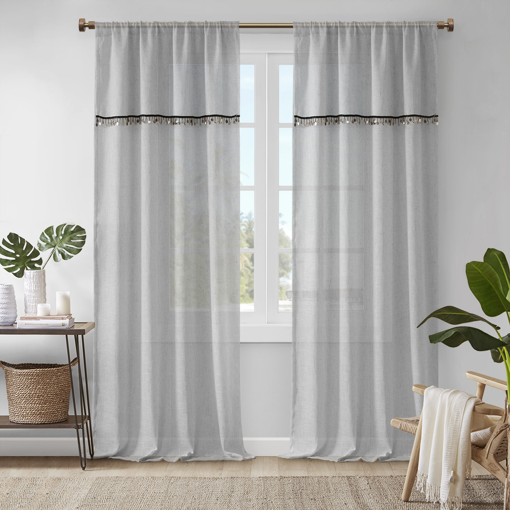 

Madison Park - Dalis Faux Linen Rod Pocket Window Curtain With Attached Shell Trim Valance - Grey - 50x63