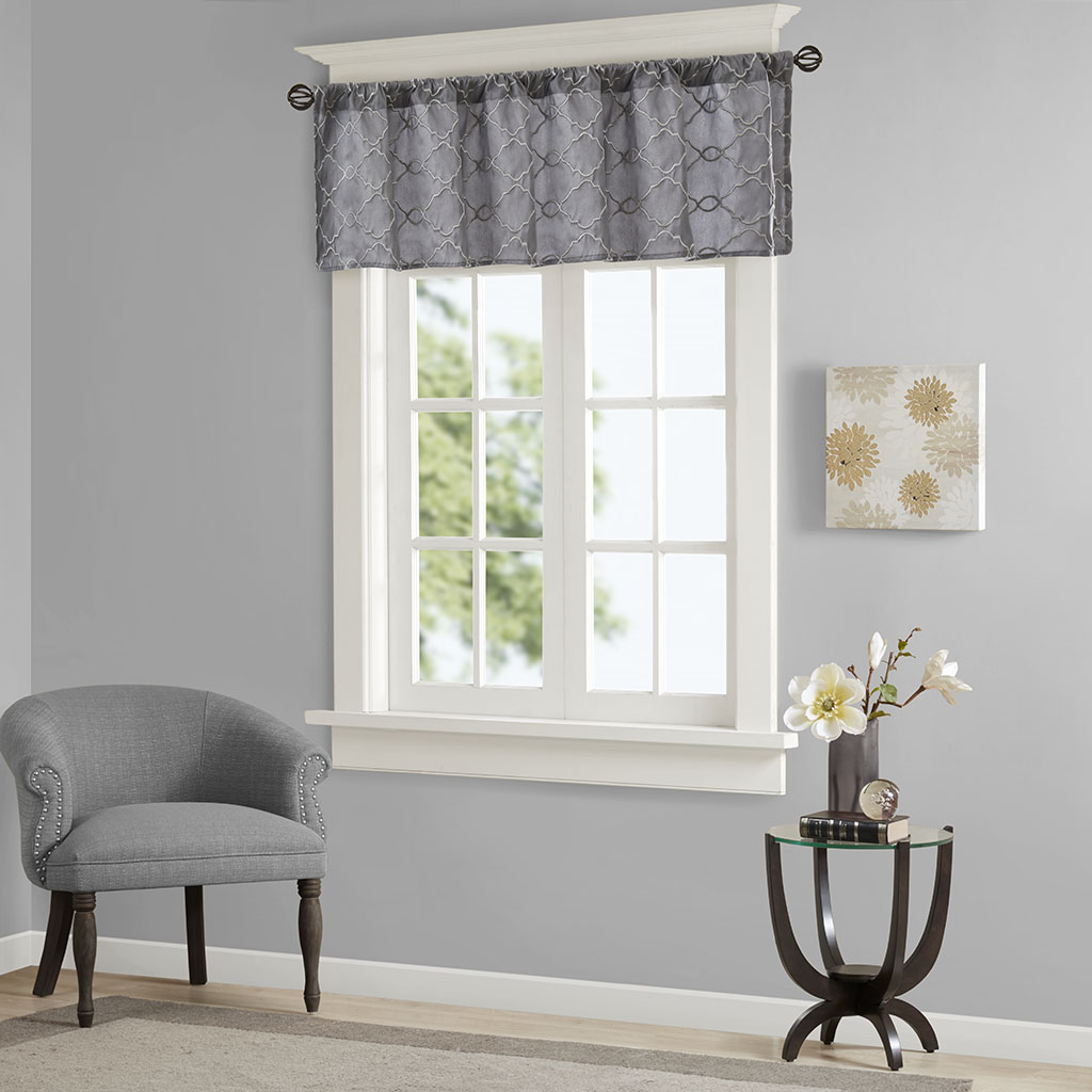 

Madison Park - Rein Faux Silk Embroidered Window Valance - Charcoal - 50x18