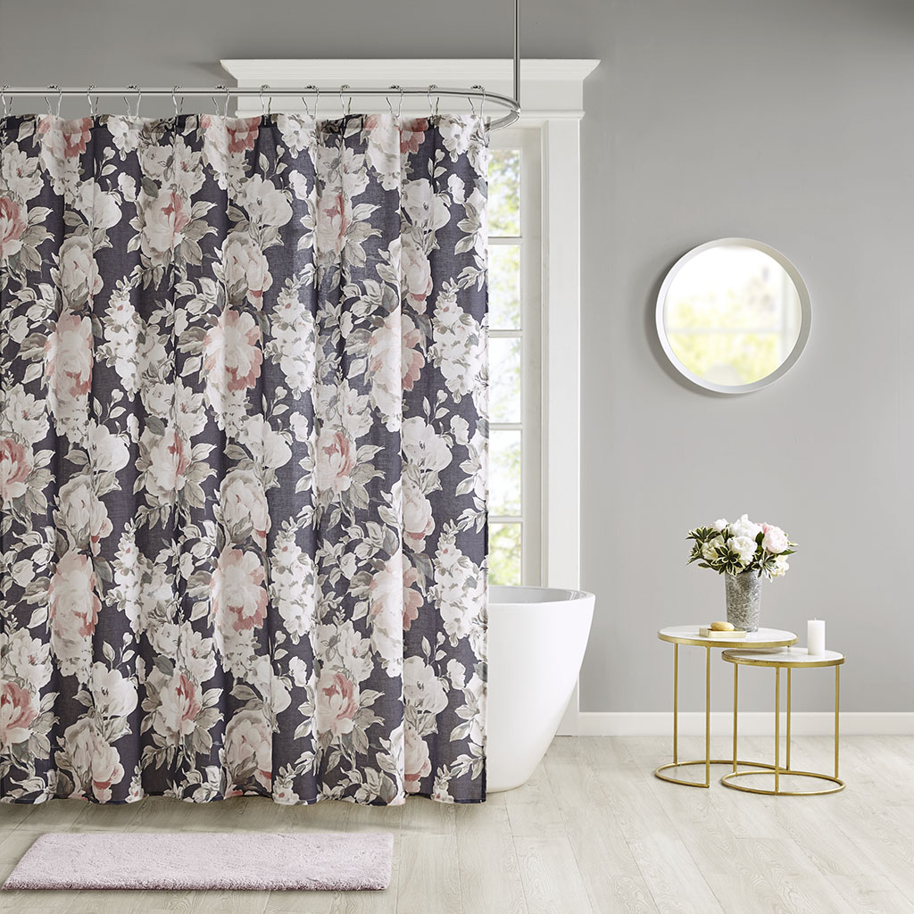 

Madison Park - Mavis Floral Print Cotton Shower Curtain - Dark Blue - 72x72