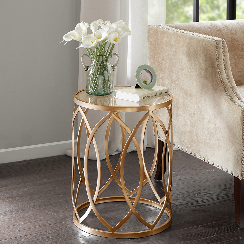 

Madison Park - Arlo Metal Eyelet Accent Table - Gold/Glass - See below