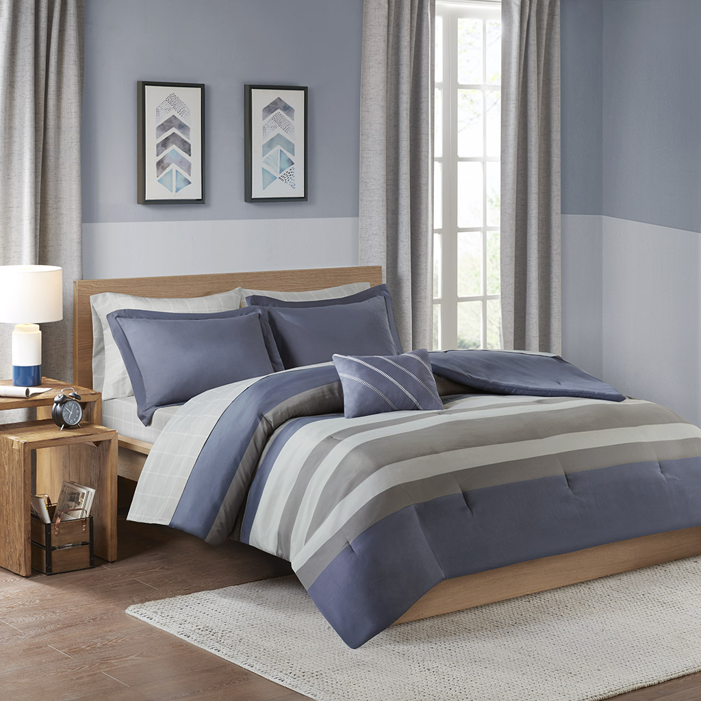 

Intelligent Design - Marsden Complete Bed Set Including Sheets - Blue/Grey - Twin