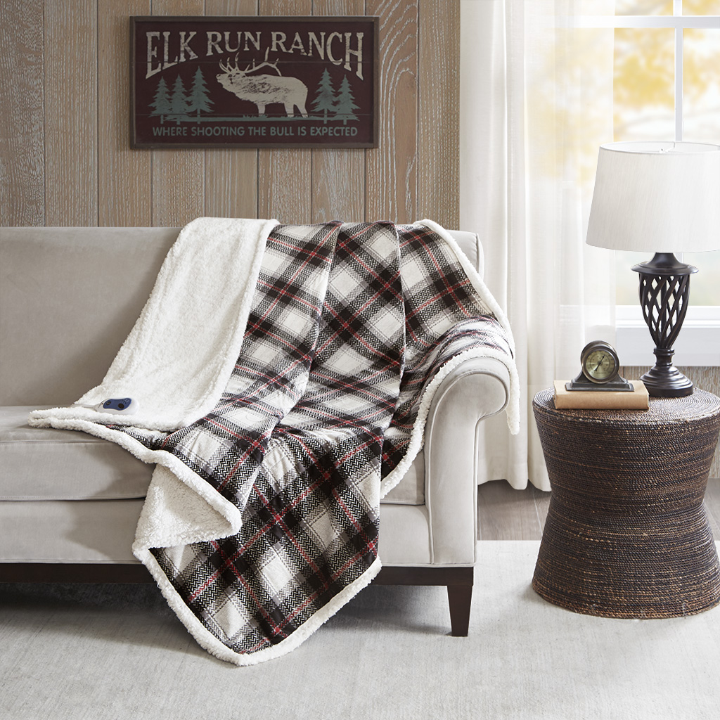 

Woolrich - Ridley Oversized Plaid Print Faux Mink to Berber Heated Throw - Black - 60x70