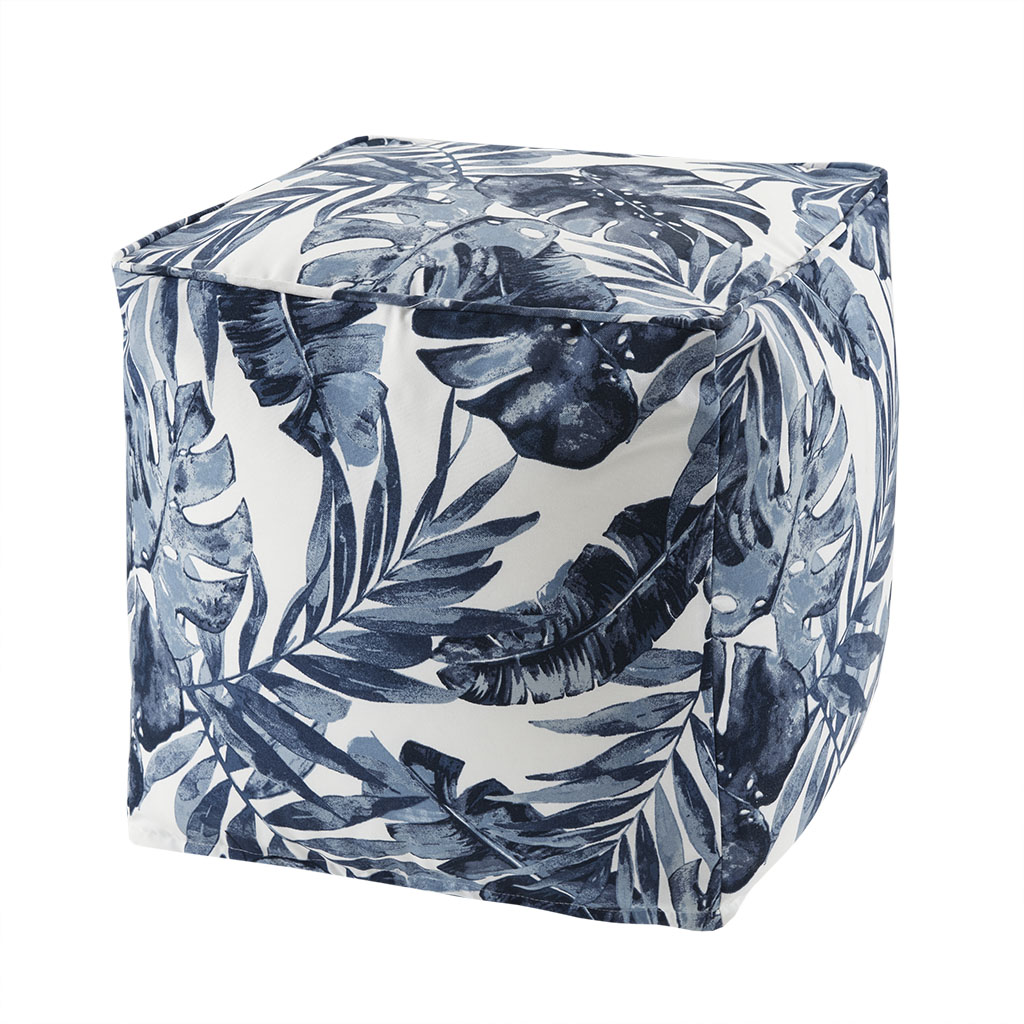 

Madison Park - Everett Printed Palm 3M Scotchgard Outdoor Pouf - Indigo/White - 18x18x18