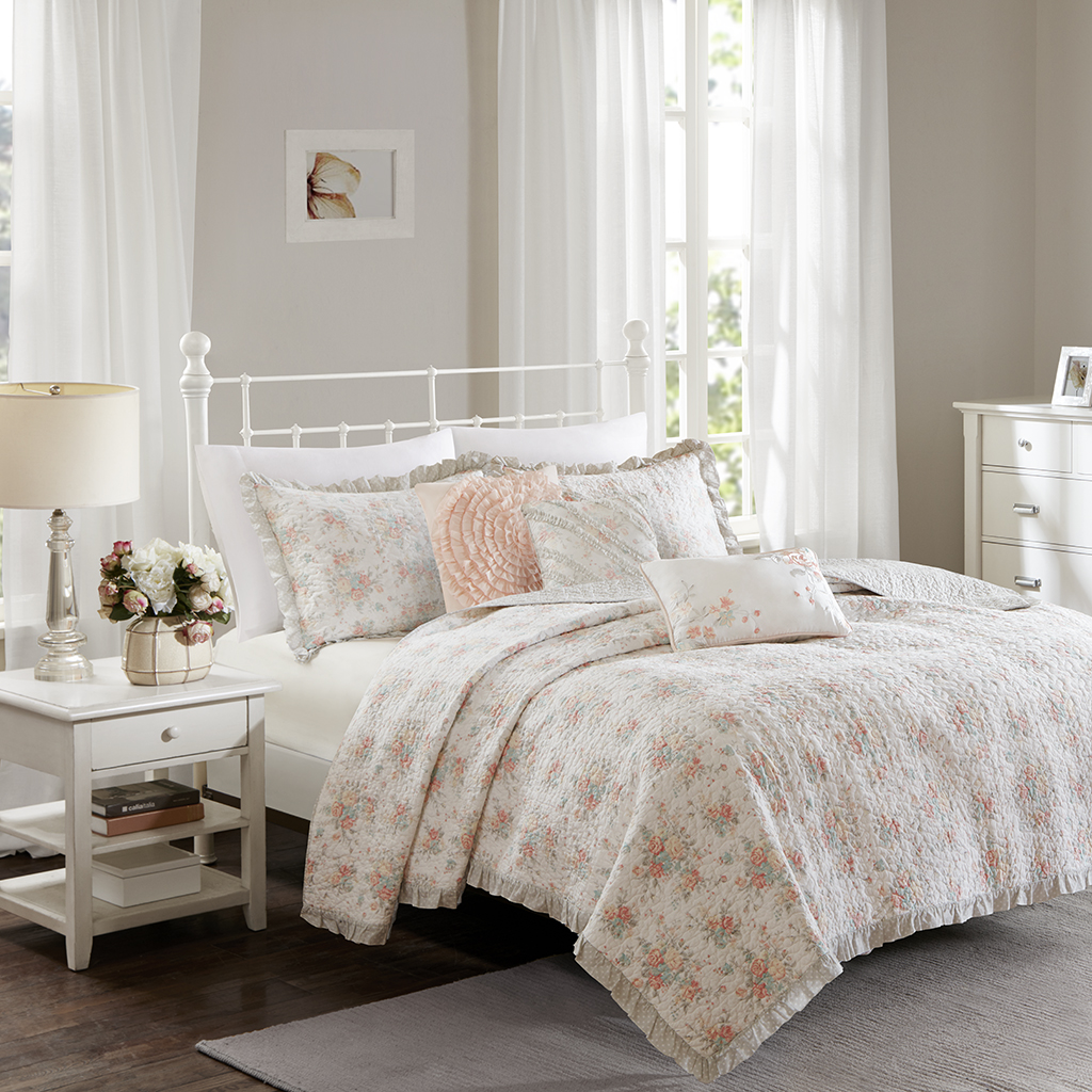 

Madison Park - Serendipity Cotton Percale Reversible Coverlet Set - Coral - Full/Queen